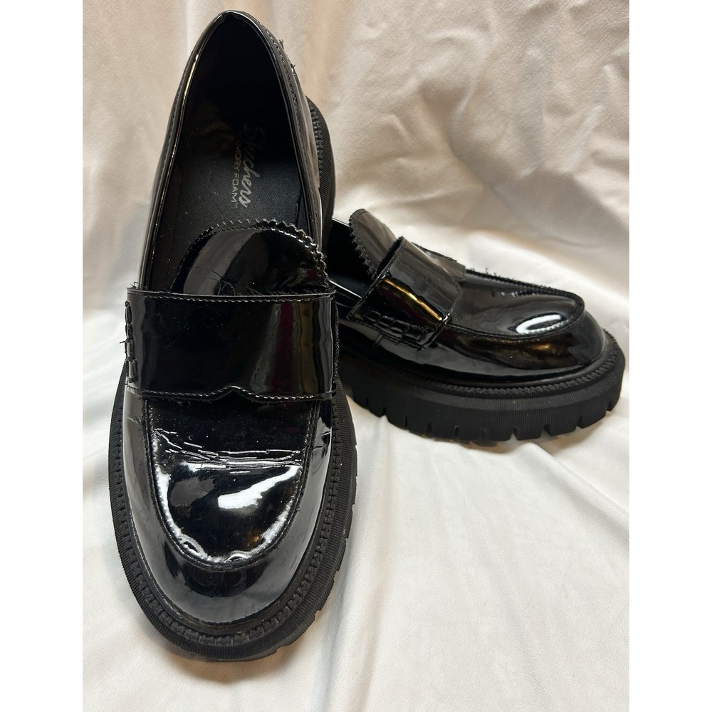 Skechers Women Sz 6.5 US Black Patent Leather Loafers Platform Chunky Y2K 90s